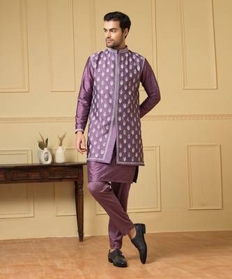 Purple embroidered nehru jacket set 2