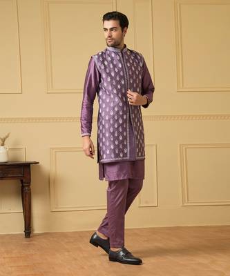 Purple embroidered nehru jacket set 4