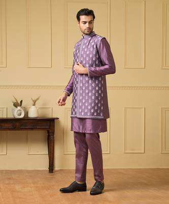 Purple embroidered nehru jacket set 5