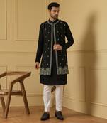 Black elegant dupion silk long nehru jacket set