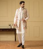 Off white long floral embroidered nehru jacket set