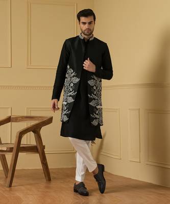 Black long zari nehru jacket set 1