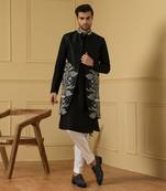 Black long zari nehru jacket set