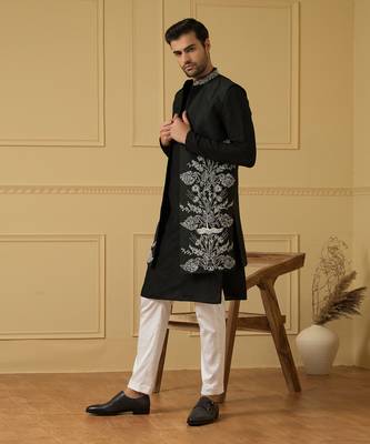 Black long zari nehru jacket set 2