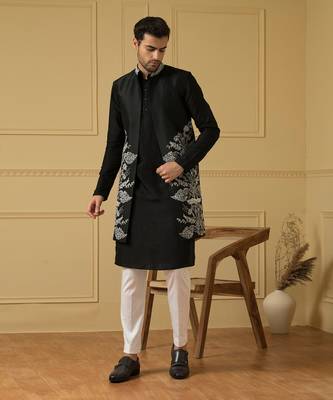 Black long zari nehru jacket set 3