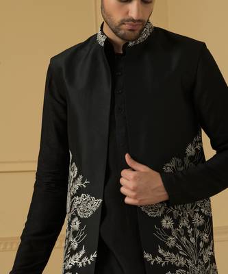 Black long zari nehru jacket set 4