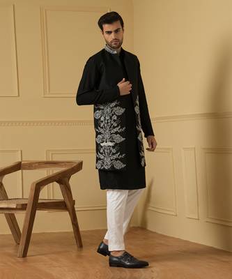Black long zari nehru jacket set 5
