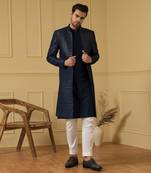 Dark blue embroidered silk long nehru jacket set