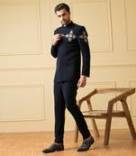 Blue zardozi embroidery bandhgala set