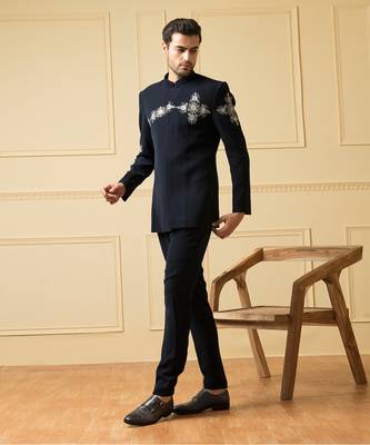 Blue zardozi embroidery bandhgala set 4