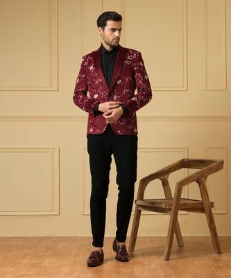 Maroon embriodered blazer set 1
