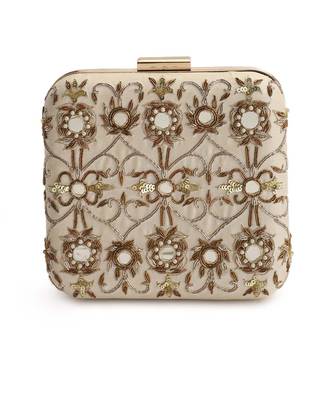 Beige mirrorwork box clutch 1