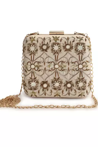Beige mirrorwork box clutch