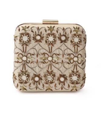 Beige mirrorwork box clutch 3