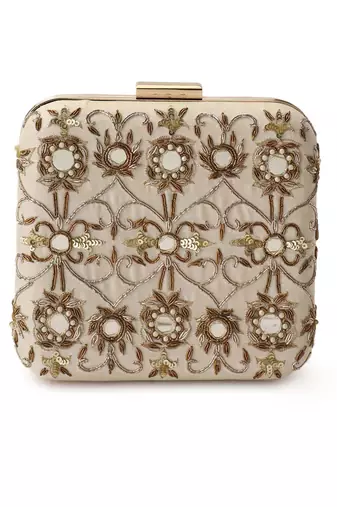 Beige mirrorwork box clutch