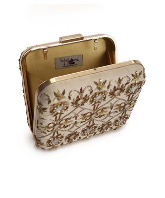 Beige mirrorwork box clutch 4