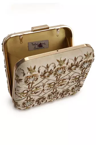Beige mirrorwork box clutch