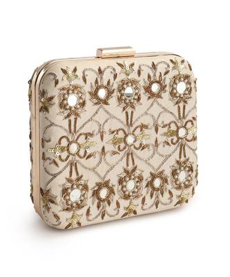 Beige mirrorwork box clutch 5