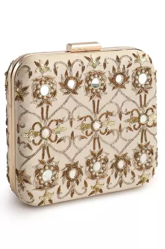 Beige mirrorwork box clutch