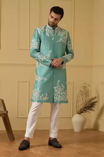 Pastel olive blue refined timeless sherwani