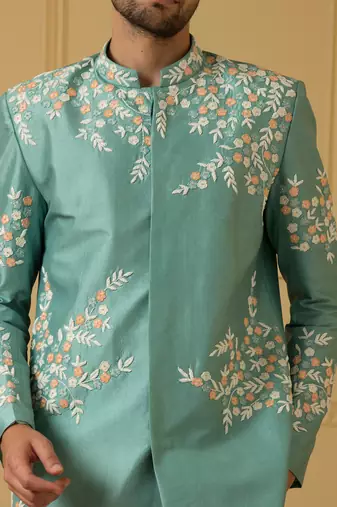 Pastel olive blue refined timeless sherwani