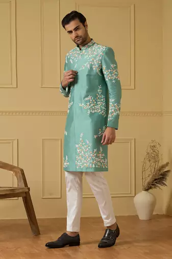 Pastel olive blue refined timeless sherwani