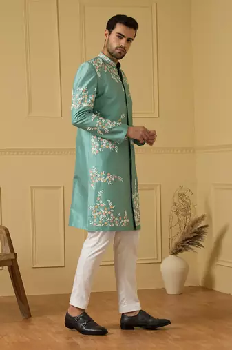 Pastel olive blue refined timeless sherwani