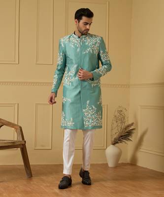 Pastel olive blue refined timeless sherwani set 1