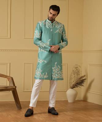 Pastel olive blue refined timeless sherwani set 2