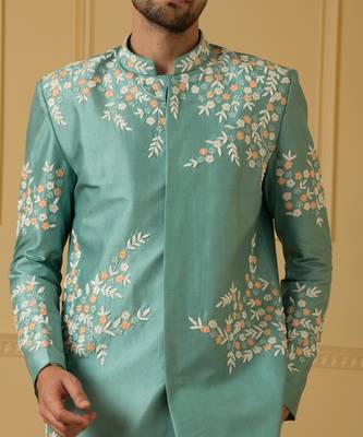 Pastel olive blue refined timeless sherwani set 3