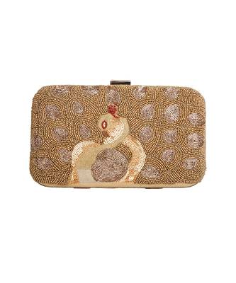 Golden beaded peacock clutch 1