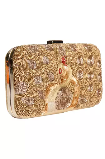 Golden beaded peacock clutch