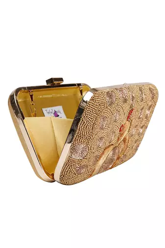 Golden beaded peacock clutch