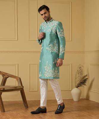 Pastel olive blue refined timeless sherwani set 4