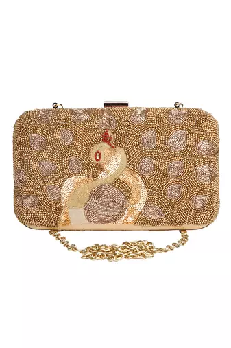 Golden beaded peacock clutch