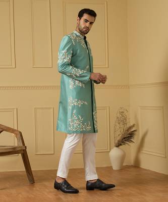 Pastel olive blue refined timeless sherwani set 5