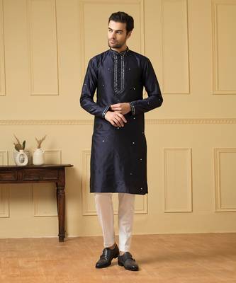 Mid night blue silk mirror kurta 1