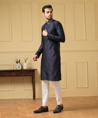 Mid night blue silk mirror kurta 3