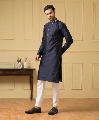 Mid night blue silk mirror kurta 4
