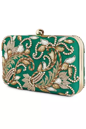 Dark green double paisley clutch