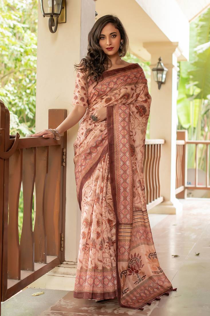 CREAM PRETTY LINEN COTTAN SILK SAREE