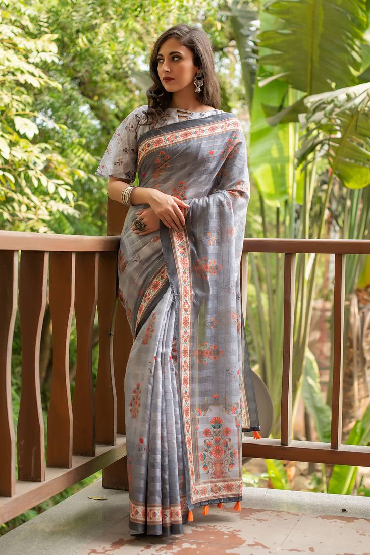 GREY PRETTY LINEN COTTAN SILK SAREE