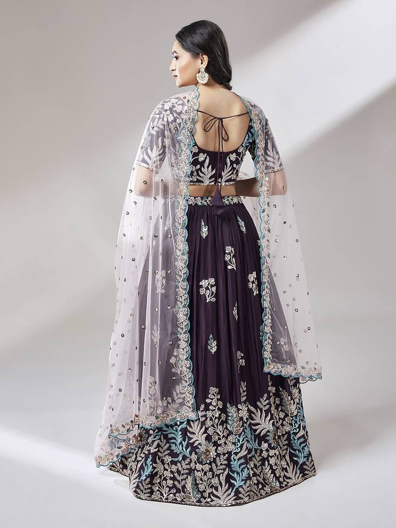 Exquisite Burgundy Pure Georgette Lehenga Choli with Sequins  - Rent Now