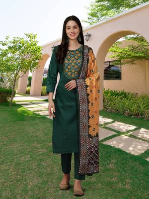 Trendmalls Green Satin Embroidered Printed Party Wear Kurta Pant with Dupatta Salwar Suit Set 1