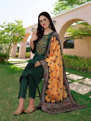 Trendmalls Green Satin Embroidered Printed Party Wear Kurta Pant with Dupatta Salwar Suit Set 4