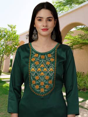 Trendmalls Green Satin Embroidered Printed Party Wear Kurta Pant with Dupatta Salwar Suit Set 5