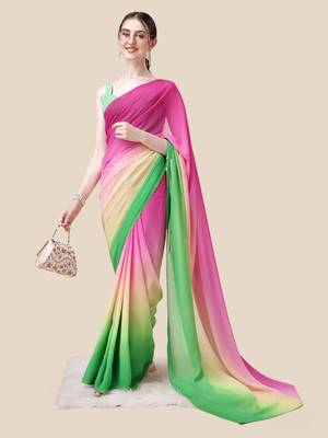 Vastranad Soft Poly Georgette Ombre Print Celebrity Saree. Saree Has A Light Weight Fine Print And Print Blouse. 1