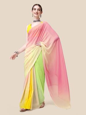 Vastranad Soft Poly Georgette Ombre Print Celebrity Saree. Saree Has A Lightweight Fine Print And Print Blouse. 1