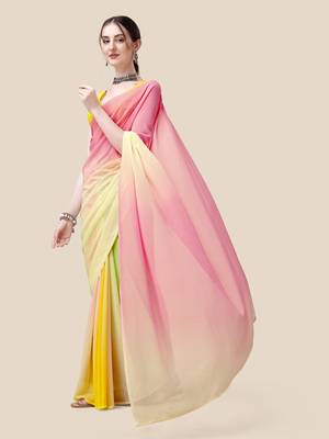 Vastranad Soft Poly Georgette Ombre Print Celebrity Saree. Saree Has A Lightweight Fine Print And Print Blouse. 3