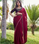 Cherry heavy hot fix zarkan stone border work satin silk chiffon party wear with blouse